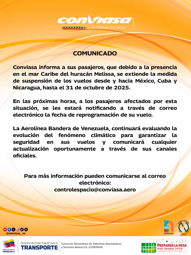 Conviasa extiende suspensión de vuelos hacia México, Cuba y Nicaragua por huracán Melissa