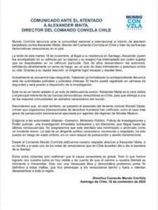Comando ConVzla denunció intento de atentado contra su coordinador en Chile