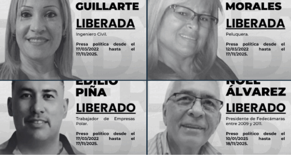 Cuatro presos políticos excarcelados tras audiencia nocturna en Caracas