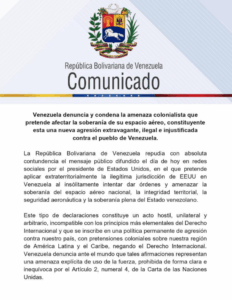 Gobierno venezolano denuncia nueva amenaza de EE.UU. contra el espacio aéreo