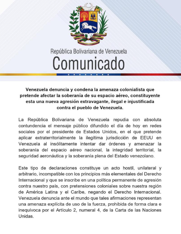 Gobierno venezolano denuncia nueva amenaza de EE.UU. contra el espacio aéreo
