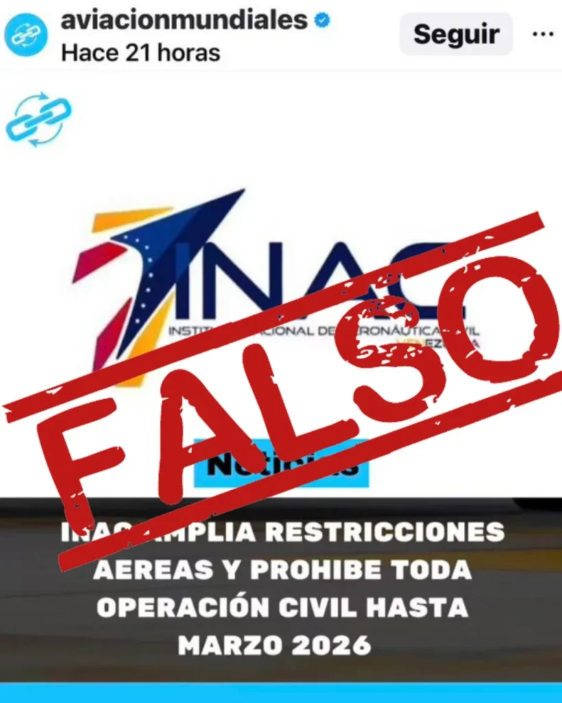 Inac desmiente prohibición de operaciones civiles en Venezuela