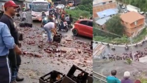 Las imágenes que dejó aparatoso accidente de camión de cervezas que perdió el control; el vehículo se volcó y dejó tres personas heridas