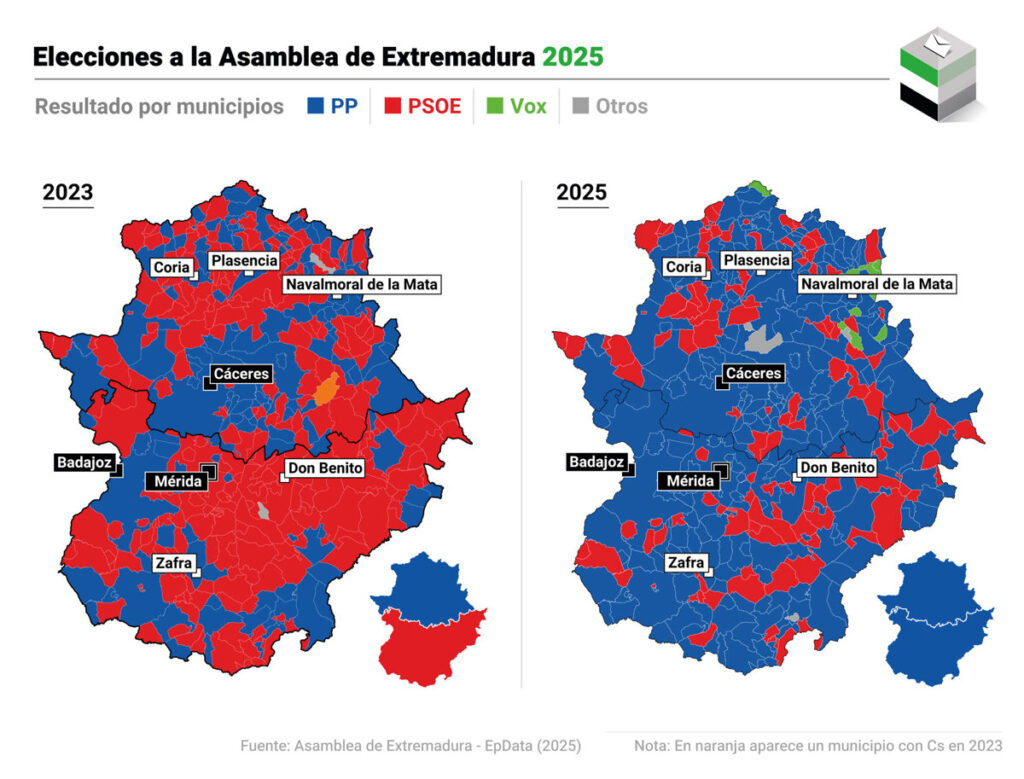 Mapa de resultados de las elecciones de Extremadura, municipio a municipio