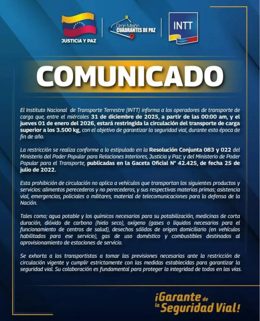 Queda restringida la circulación del transporte de carga pesada este 31Dic y 1Ene