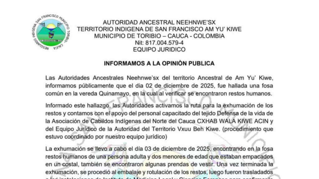 Tragedia en el Cauca | Hallan restos de mujer y dos niños en fosa: indígenas temen que sean de una madre y sus dos pequeños desaparecidos desde 2022