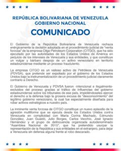Venezuela no reconoce “venta forzosa” de Citgo y tomará medidas (comunicado)