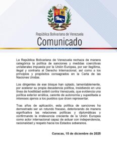 Venezuela rechaza prórroga de sanciones de la Unión Europea