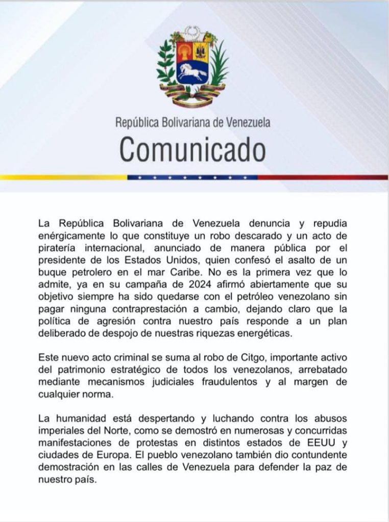 Venezuela repudia incautación de tanquero petrolero en el Caribe