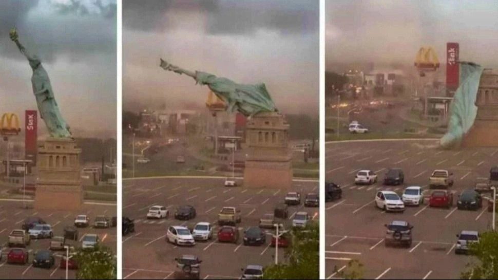 Vientos de hasta 90 km por hora derrumbaron una réplica de la Estatua de la Libertad de 35 metros