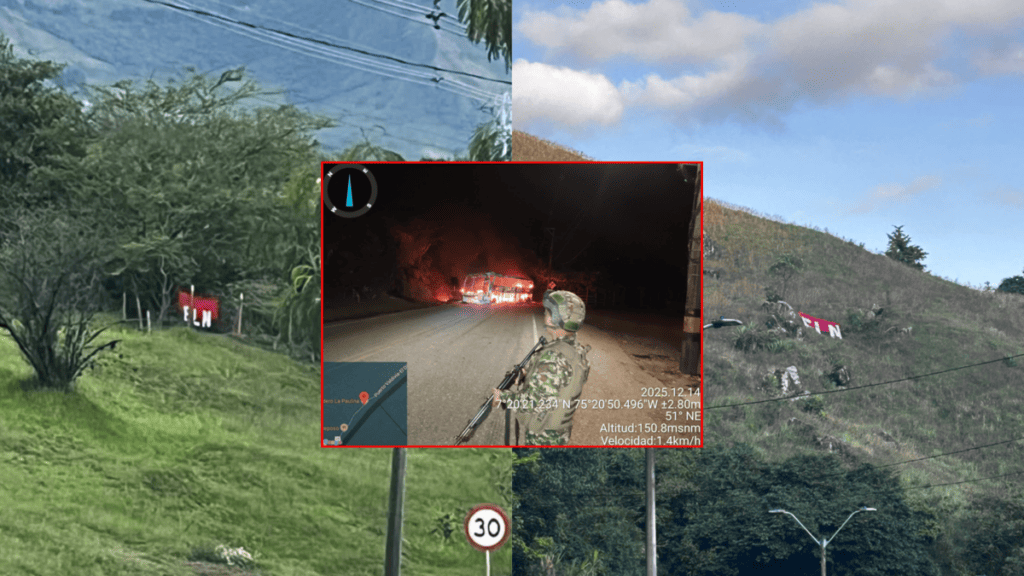 en Antioquia, subversivos quemaron un bus en Valdivia e instalaron tres banderas alusivas en el Valle de Aburrá