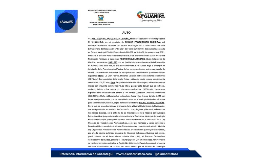 Cartel Único de Notificación emitido por la Sindicatura Municipal de Guanipa (segunda notificación)
