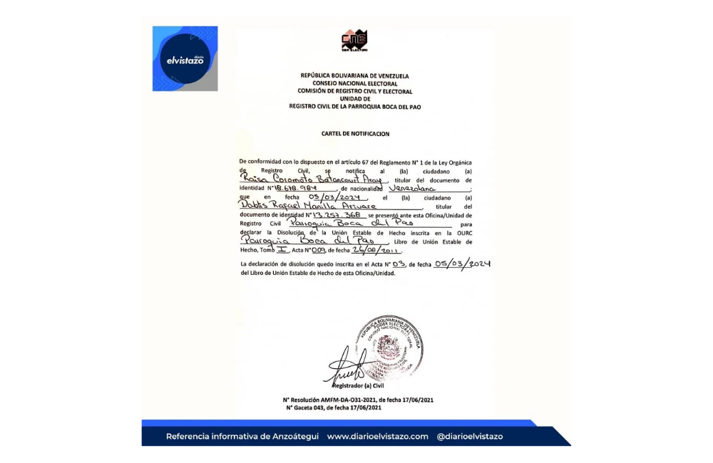 Cartel de Disolución de Unión Estable de Hecho emitido por el Registro Civil de Boca del Pao