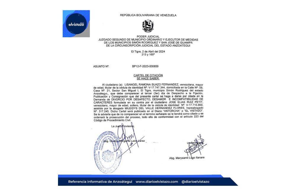 Cartel de citación emitido por el Juzgado Segundo de los municipios Simón Rodríguez y Guanipa