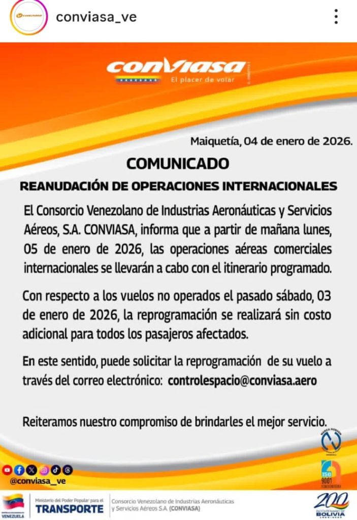 Conviasa retoma operaciones aéreas internacionales este 5 de enero