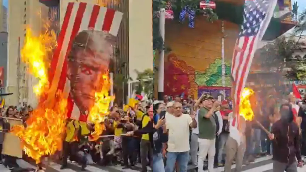 Encapuchados en Medellín le prendieron fuego a la imagen de Donald Trump y a la bandera estadounidense en marchas convocadas por el presidente Petro
