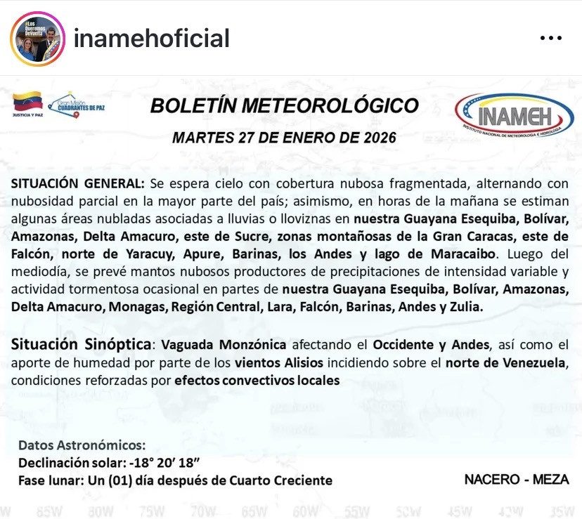 Inameh prevé cielo nublado con precipitaciones en gran parte del país