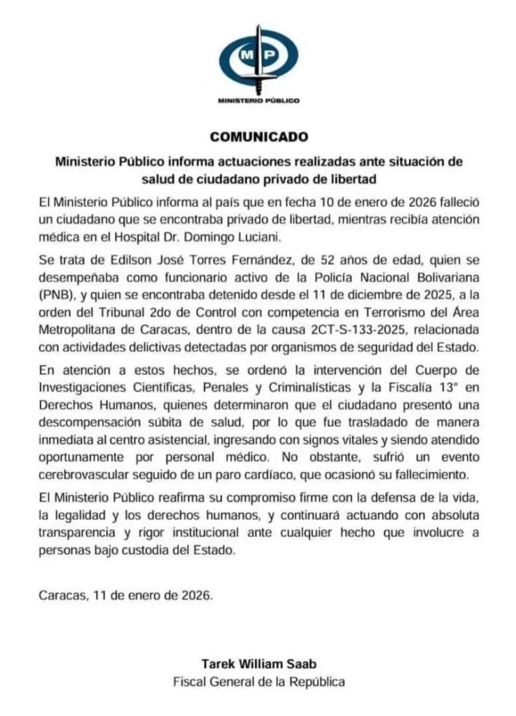 MP confirma muerte del funcionario de la PNB Edilson Torres