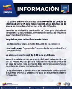 Saime realizará jornada de cedulación sin cita desde el 26Ene al 30Ene