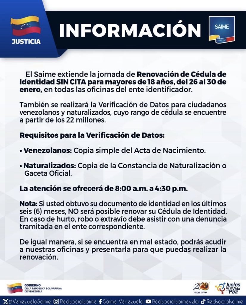 Saime realizará jornada de cedulación sin cita desde el 26Ene al 30Ene