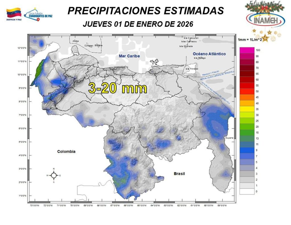 Se esperan lluvias y chubascos en algunos estados de Venezuela este #1Ene
