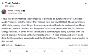 Trump dice que Venezuela comprará exclusivamente productos fabricados en EE.UU.