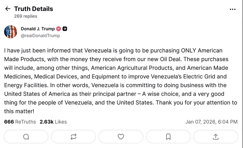 Trump dice que Venezuela comprará exclusivamente productos fabricados en EE.UU.