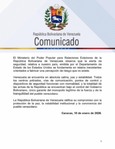 Venezuela rechaza alerta de seguridad de EE. UU. y ratifica absoluta normalidad en el territorio nacional