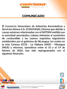 Conviasa reprograma vuelos a Cuba por escasez de combustible