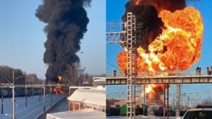 El impactante momento en el que un tren que transportaba combustible descarriló y explotó (VIDEO)