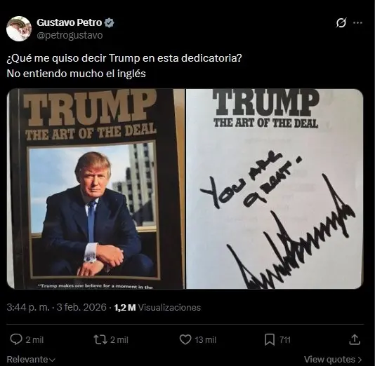 Trump le dice a Petro en una tarjeta que fue un «gran honor» conocerlo y que ama a Colombia