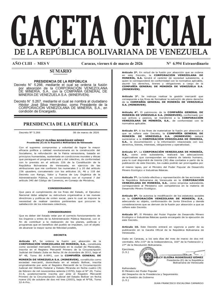 Gaceta Oficial: Ordenan la fusión de la Corporación Venezolana de Minería con Minerven