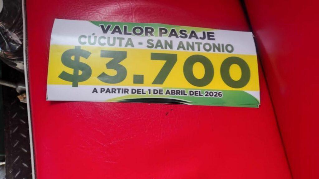 Ruta San Antonio – Cúcuta de Corta Distancia quedaría en 3.700 pesos a partir del 1A