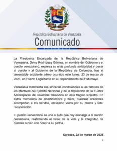 Venezuela expresa solidaridad con Colombia por accidente de avión militar