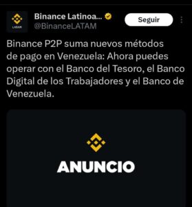 Binance habilitó el uso de la banca pública para el comercio P2P