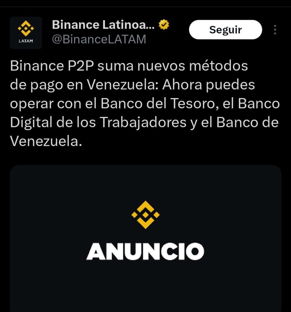 Binance habilitó el uso de la banca pública para el comercio P2P