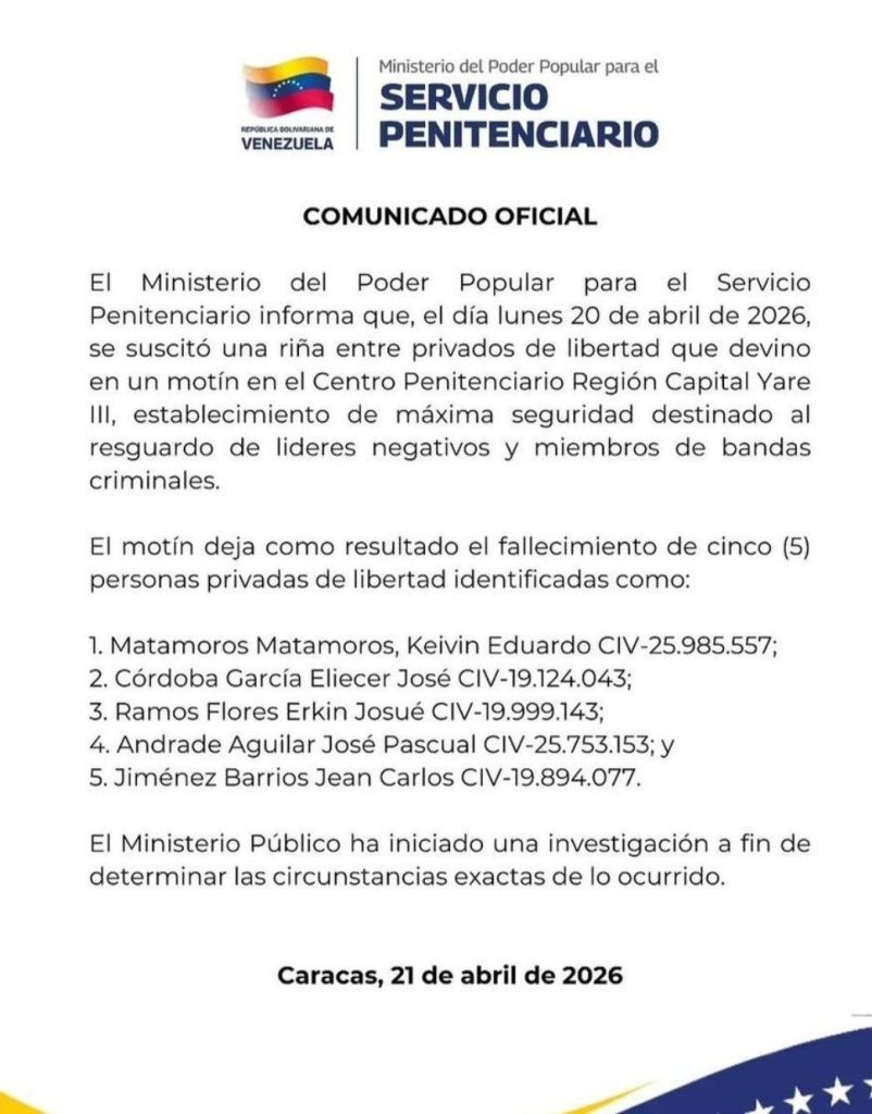 Gobierno confirma cinco fallecidos en Yare III tras motín dentro del penal