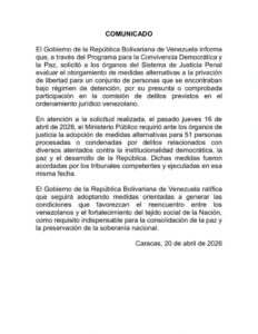 Gobierno nacional anuncia evaluación de medidas sustitutivas de libertad a 51 personas condenadas