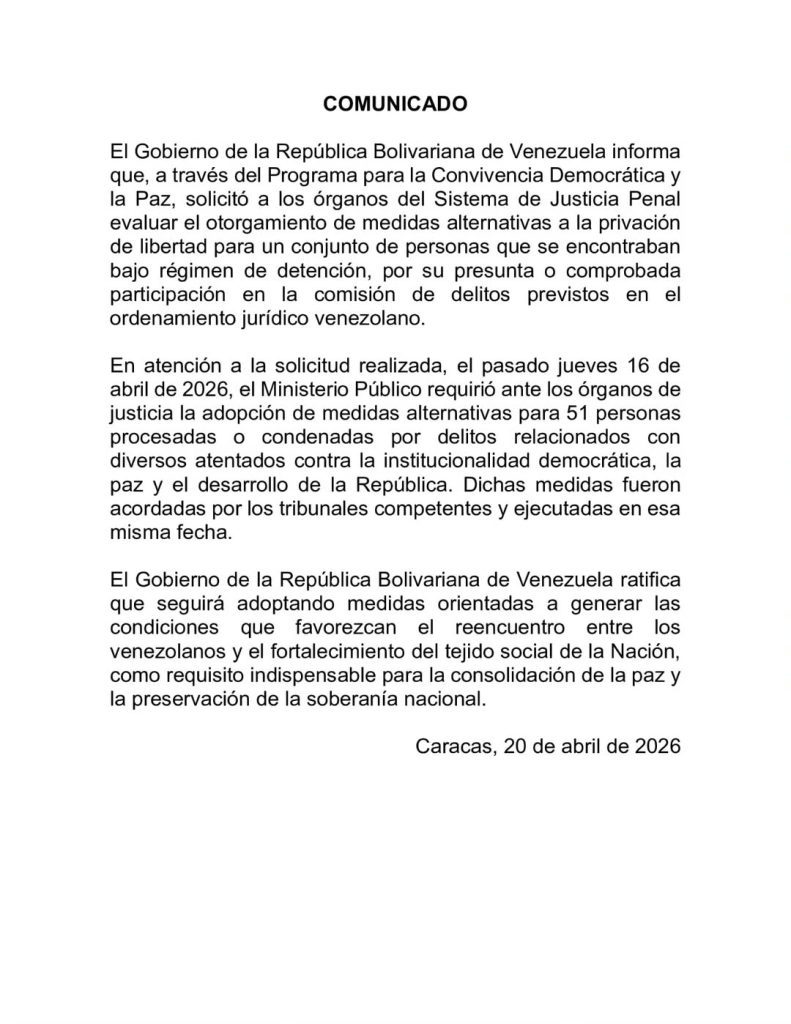 Gobierno nacional anuncia evaluación de medidas sustitutivas de libertad a 51 personas condenadas
