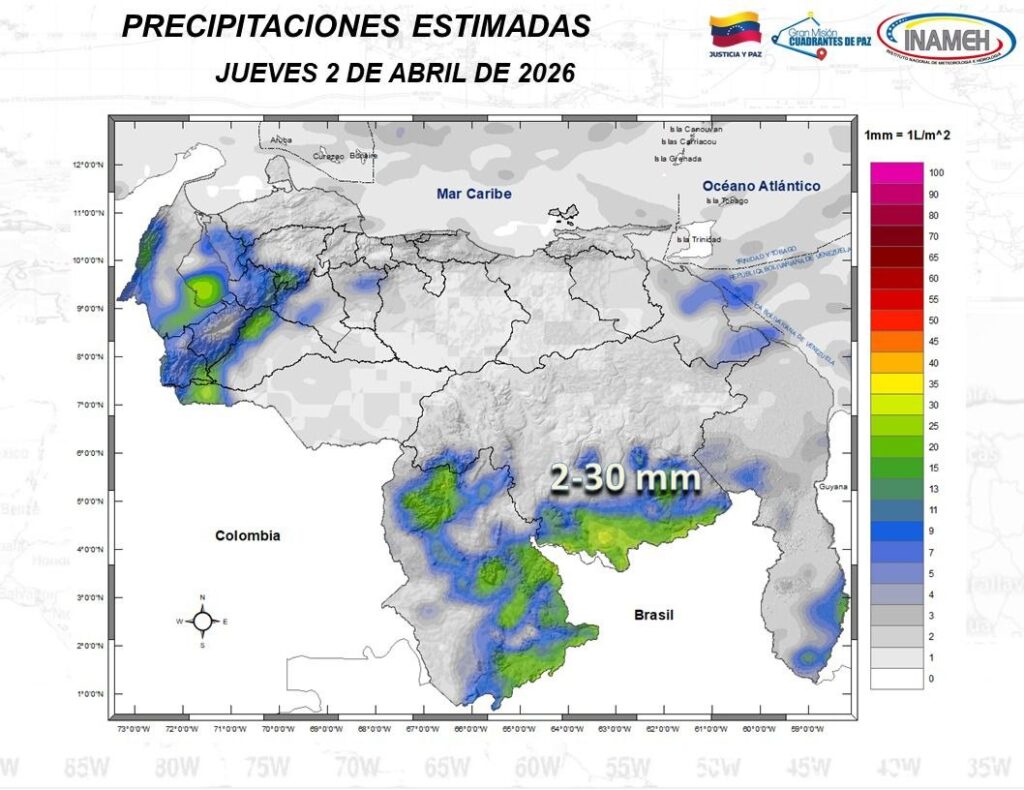 Inameh prevé lluvias y descargas eléctricas en algunas regiones de Venezuela este #2Abr