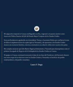 Laura Dogu confirma su salida de la embajada de EE.UU. en Venezuela
