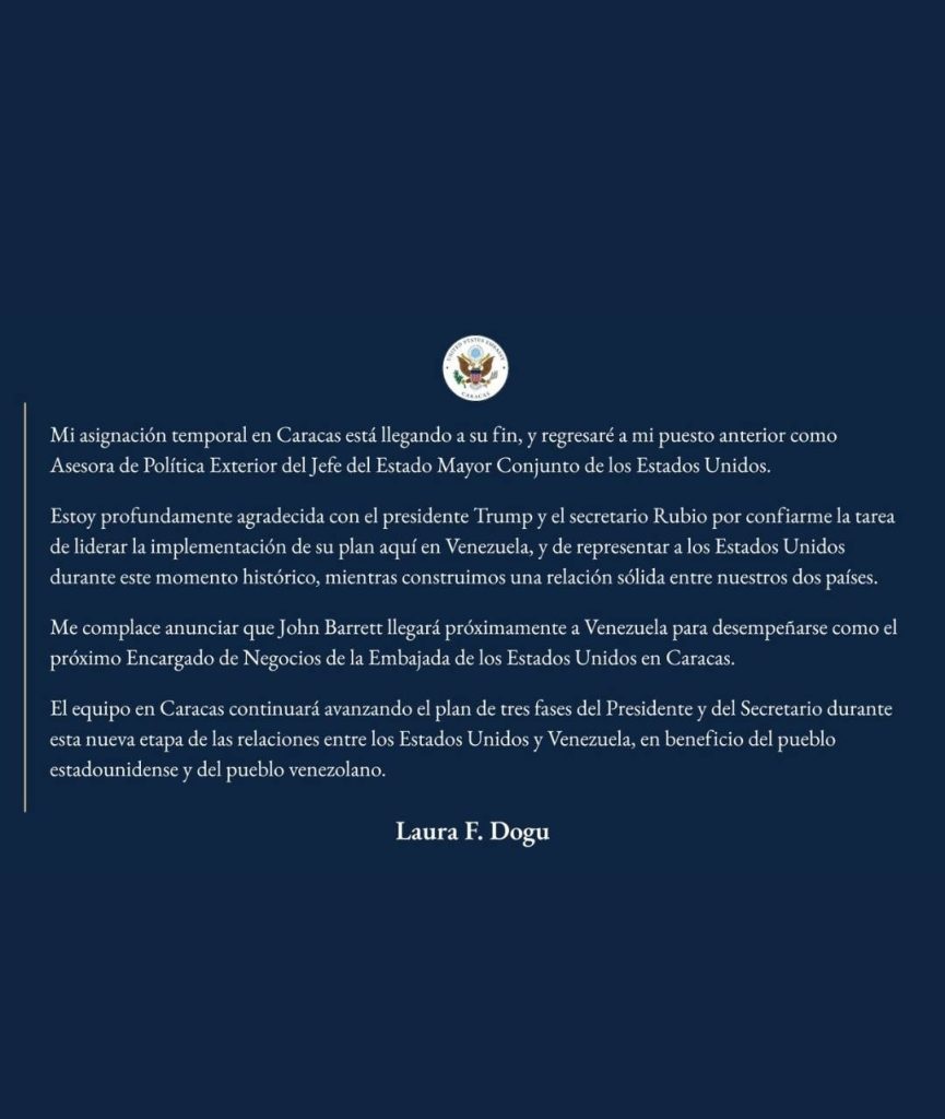 Laura Dogu confirma su salida de la embajada de EE.UU. en Venezuela