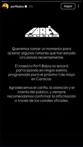 Porfi Baloa no tiene programado participar en Concierto por la Paz
