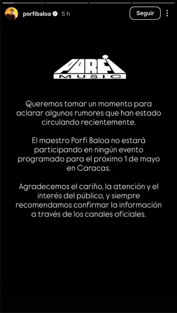 Porfi Baloa no tiene programado participar en Concierto por la Paz