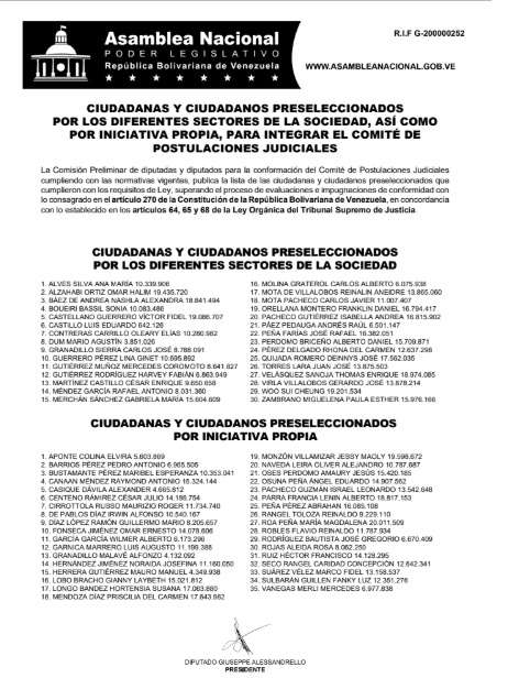 AN publica lista de preseleccionados para el Comité de Postulaciones Judiciales