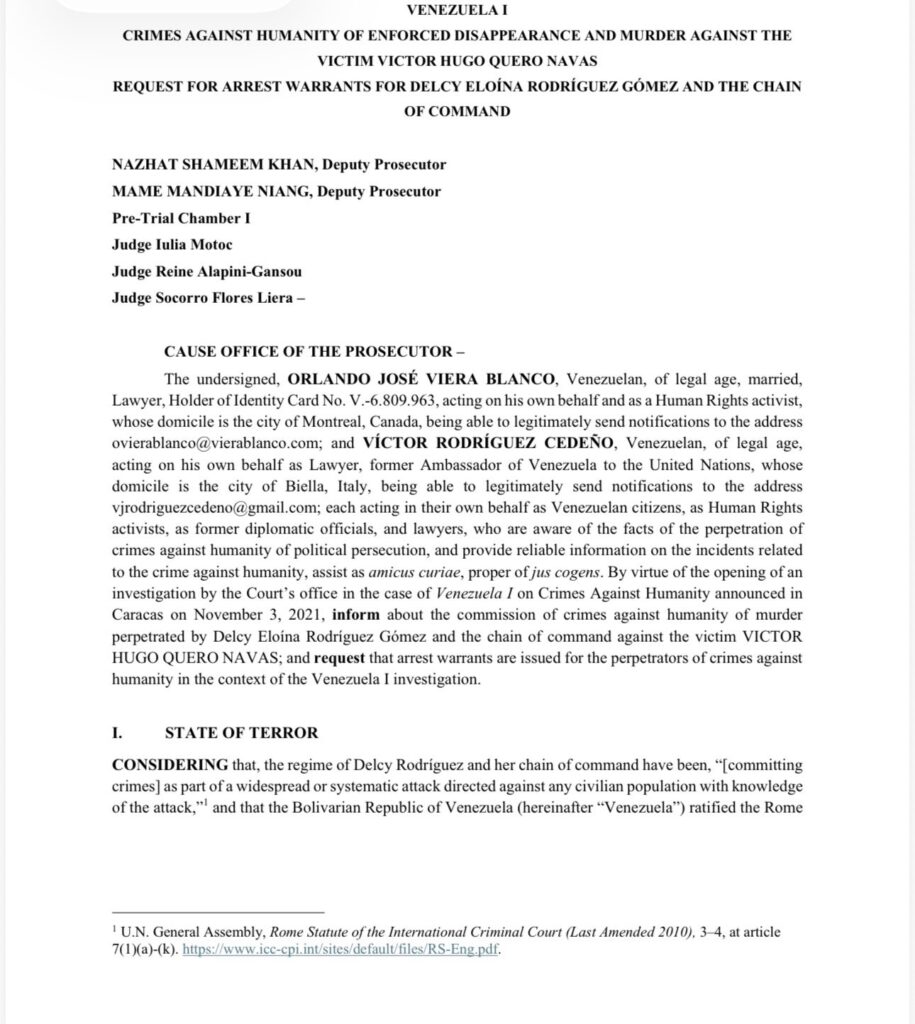 Demandan al Estado venezolano ante la CPI por la muerte de Víctor Quero Navas