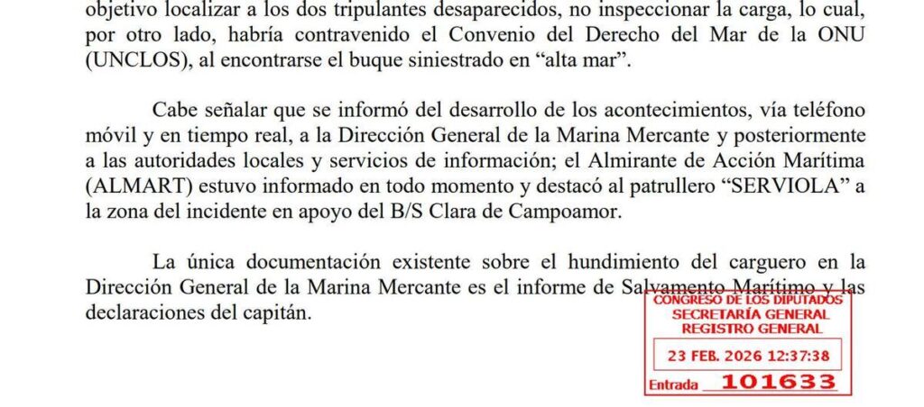 Párrafos del informe del hundimiento del Ursa Major entreado por el Gobierno al Congreso