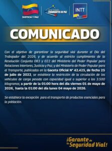 INTT restringe circulación de carga pesada en todo el país