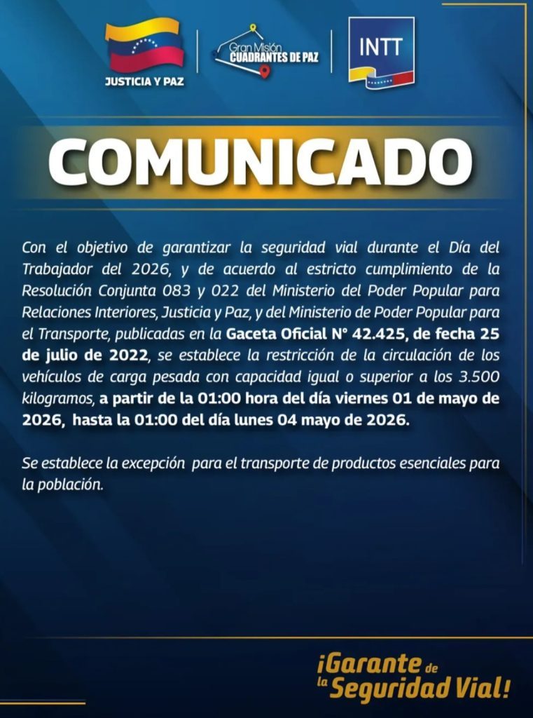INTT restringe circulación de carga pesada en todo el país