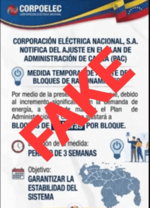 Información sobre ajuste de racionamiento eléctrico a bloques de 5 horas es falsa